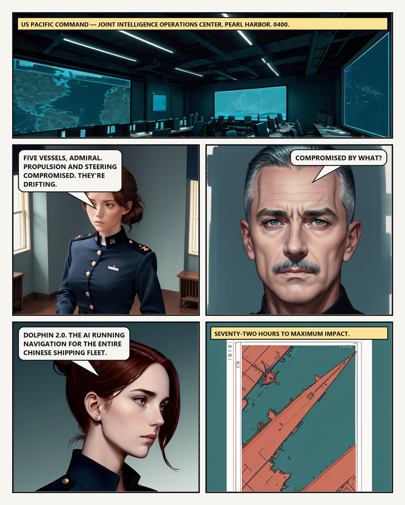 Comic page one: a darkened joint intelligence operations center at 0400 hours. An officer briefs an admiral that five vessels have lost propulsion and steering, naming the AI running navigation for the Chinese shipping fleet. A tactical display counts down seventy-two hours to maximum impact.