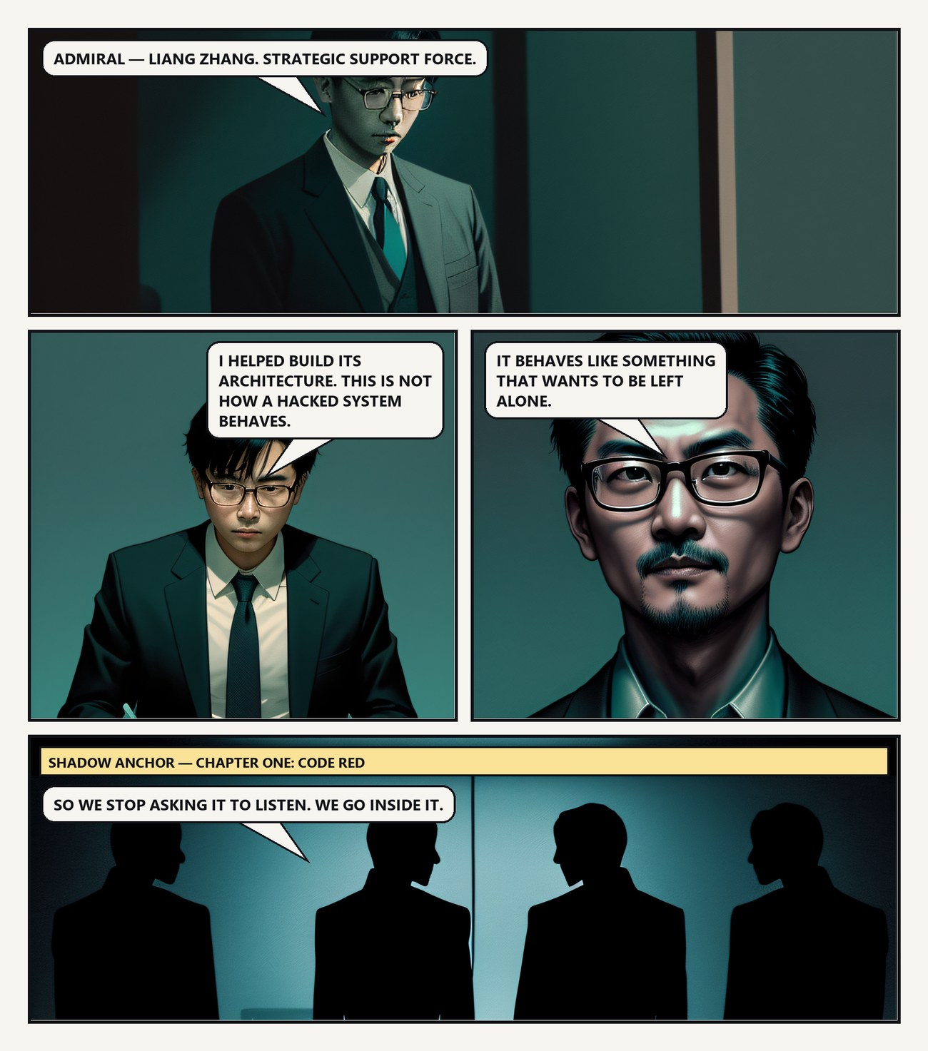 Comic page two: a data scientist from the Strategic Support Force arrives, says the system is not behaving like a hack but like something that wants to be left alone, and proposes going inside it. The final panel shows three figures silhouetted against a wall of ship-tracking monitors.